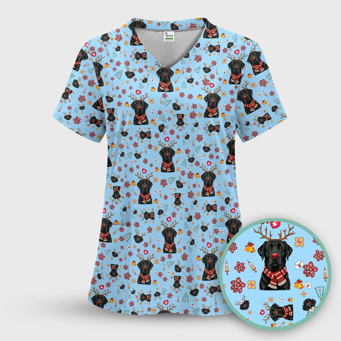 Black Lab Christmas Scrub Top - Funny Labrador Nurse Shirt - Cute Holiday Medical Uniform for Women RN LPN CNA Gift