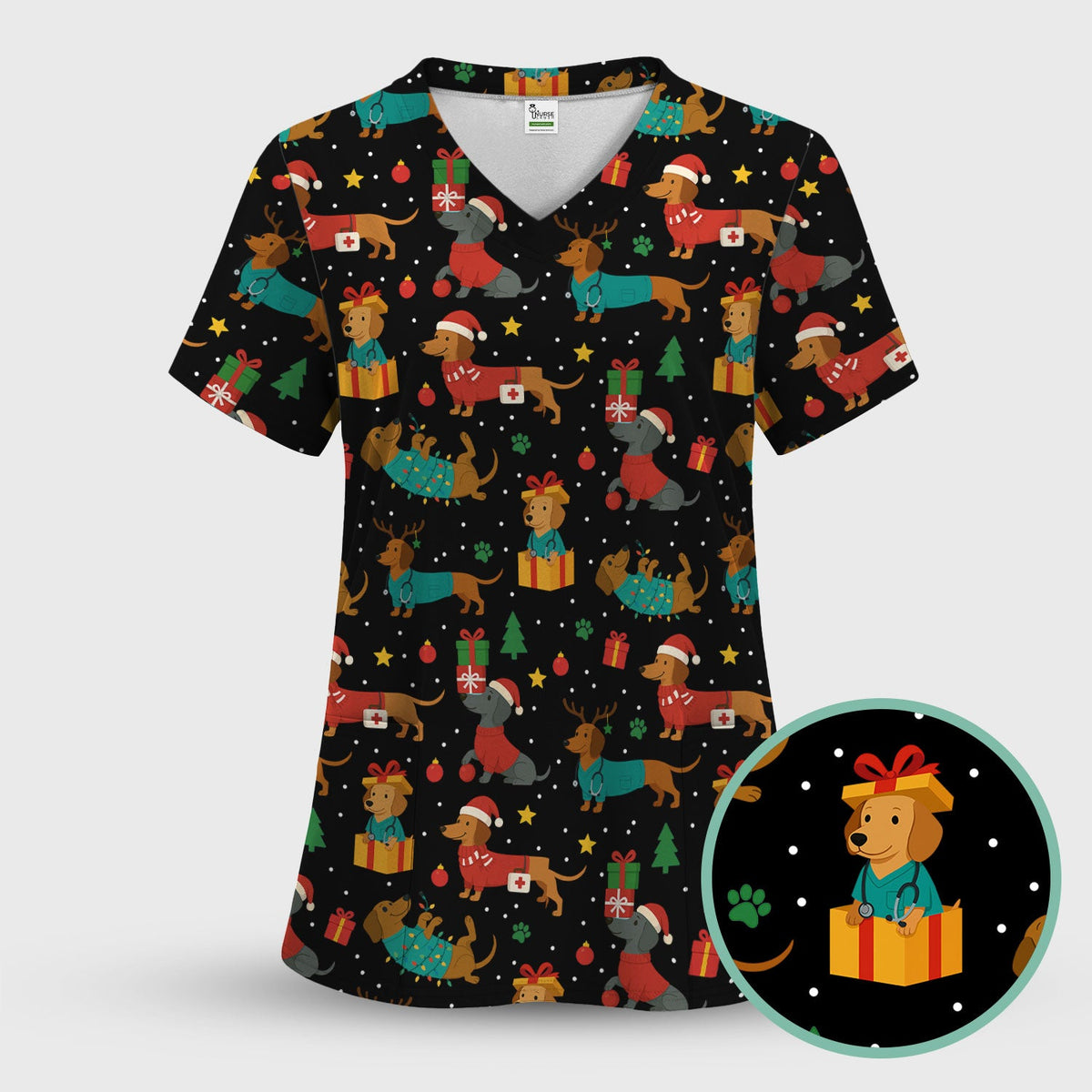 Dachshund Scrub Top Christmas - Cute Dog Nurse Shirt - Holiday Medical Scrubs Gift for Women CNA RN Doctor