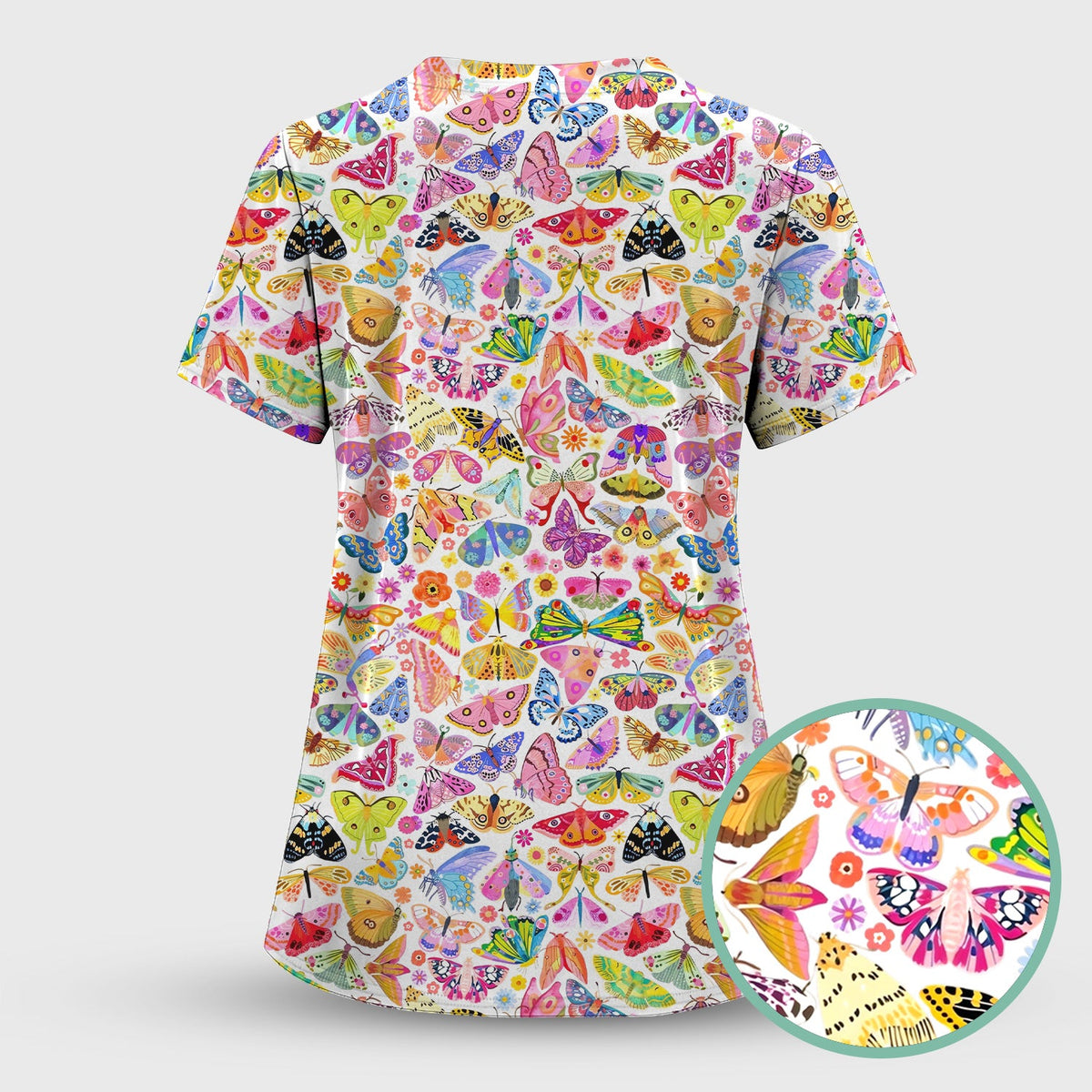 Cute Bright Butterfly Moth Floral Nurse Scrub Top
