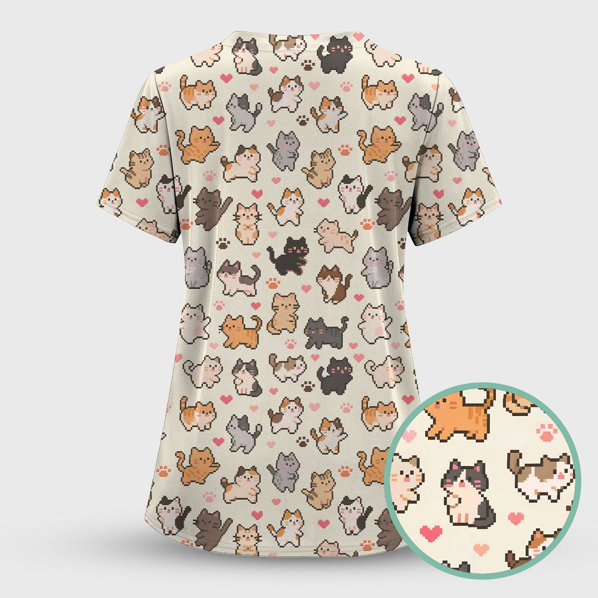 Pixel Cat Heart Paw Nurse Scrub Top