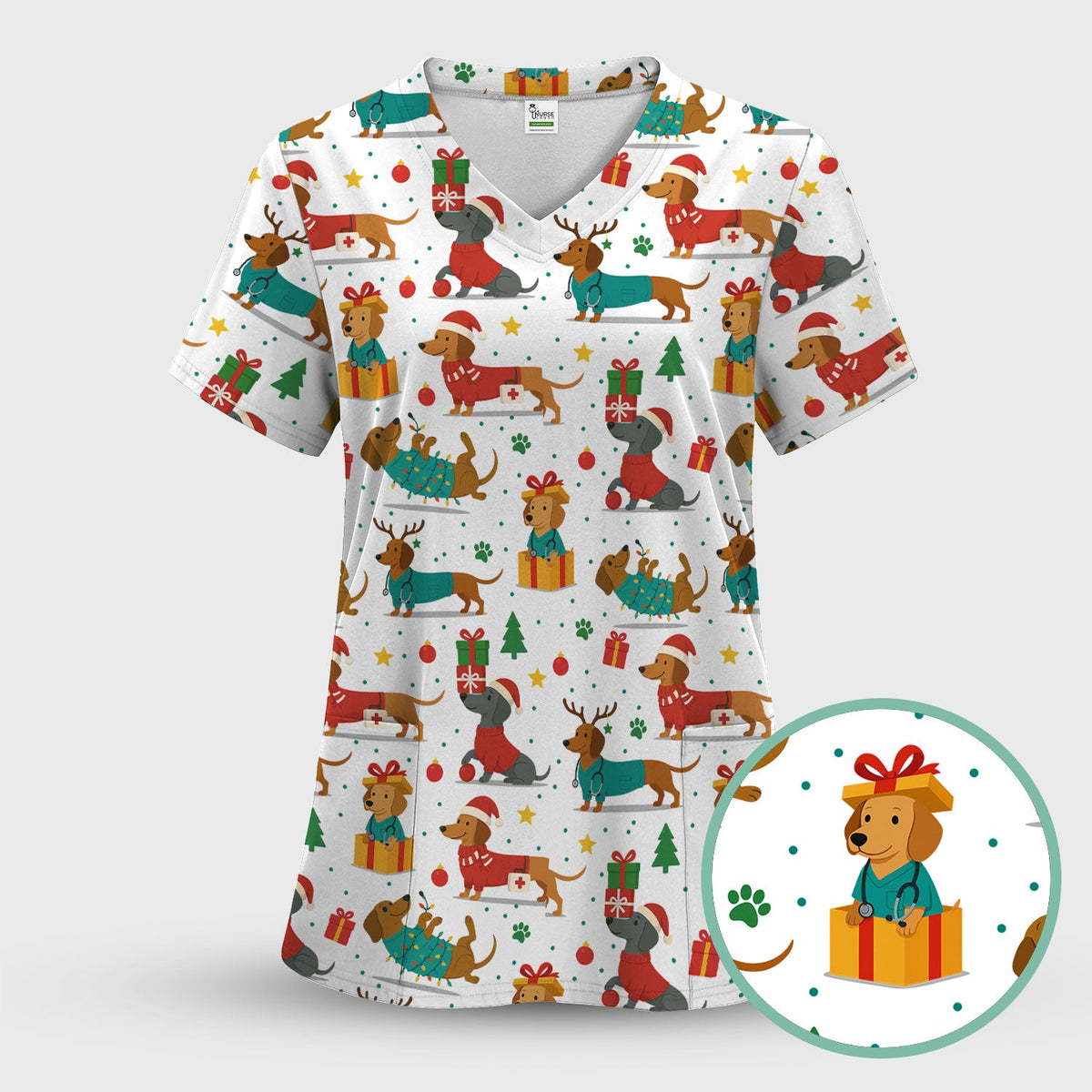 Dachshund Scrub Top Christmas - Cute Dog Nurse Shirt - Holiday Medical Scrubs Gift for Women CNA RN Doctor
