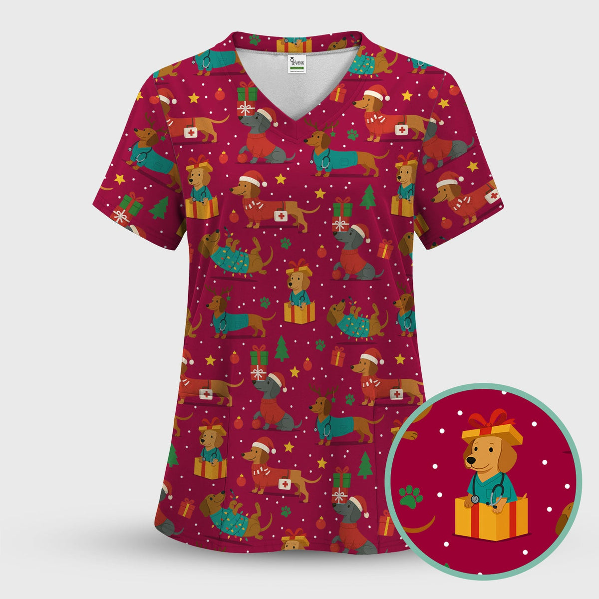 Dachshund Scrub Top Christmas - Cute Dog Nurse Shirt - Holiday Medical Scrubs Gift for Women CNA RN Doctor
