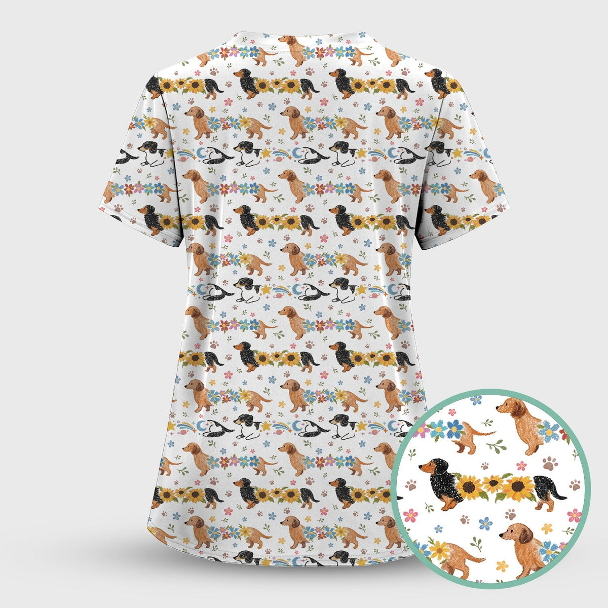 Floral Wiener Dog Nurse Scrub Top