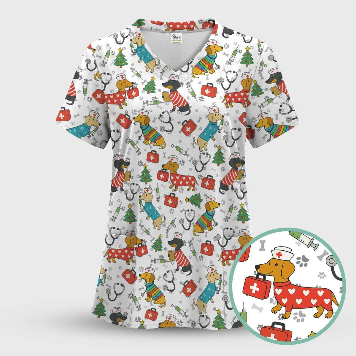 Christmas Dachshund Nurse Scrub Top