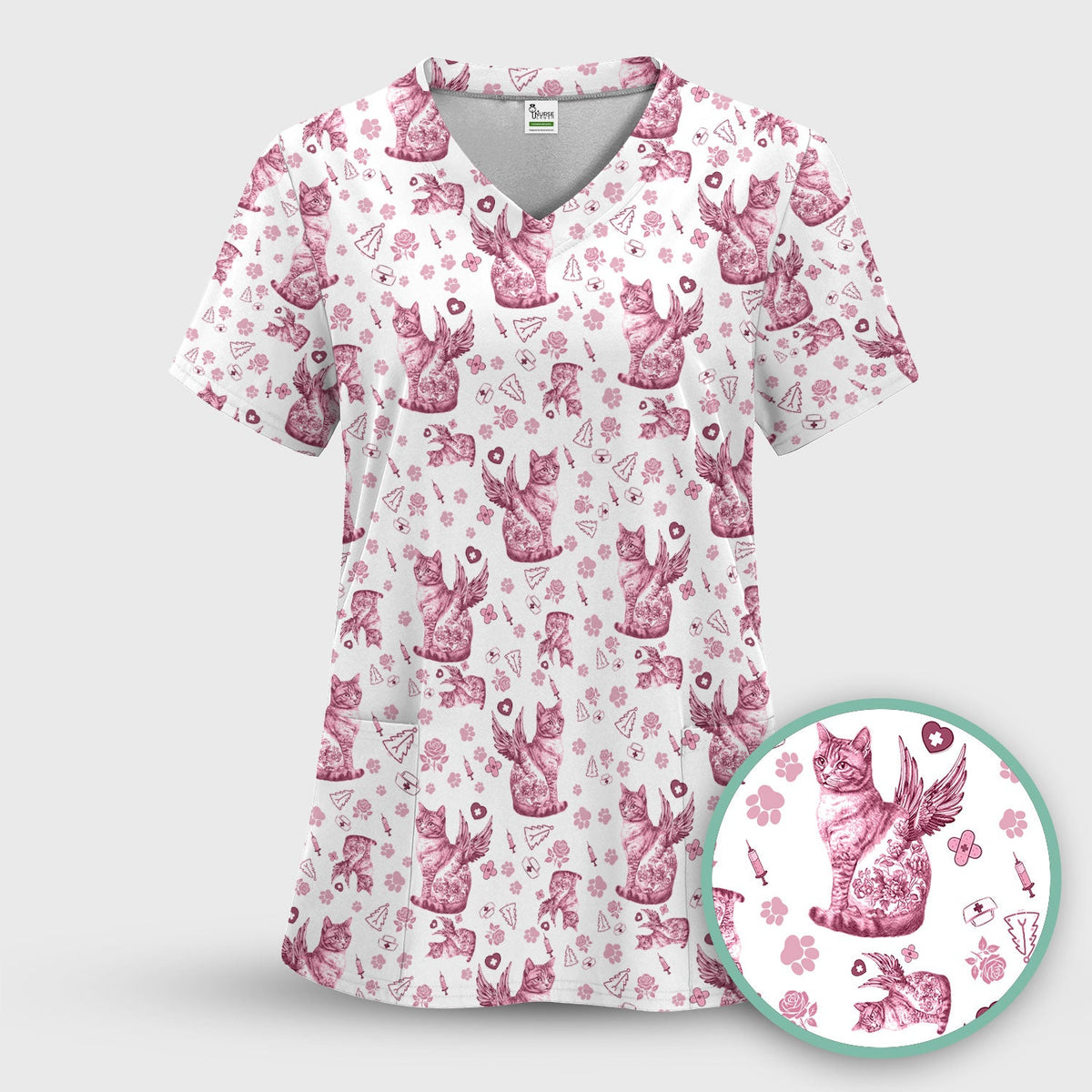 Toile de Jouy Cat Angel Scrub Top - Blue Vintage Nurse Shirt - French Style Medical Uniform for Women RN LPN CNA Gift