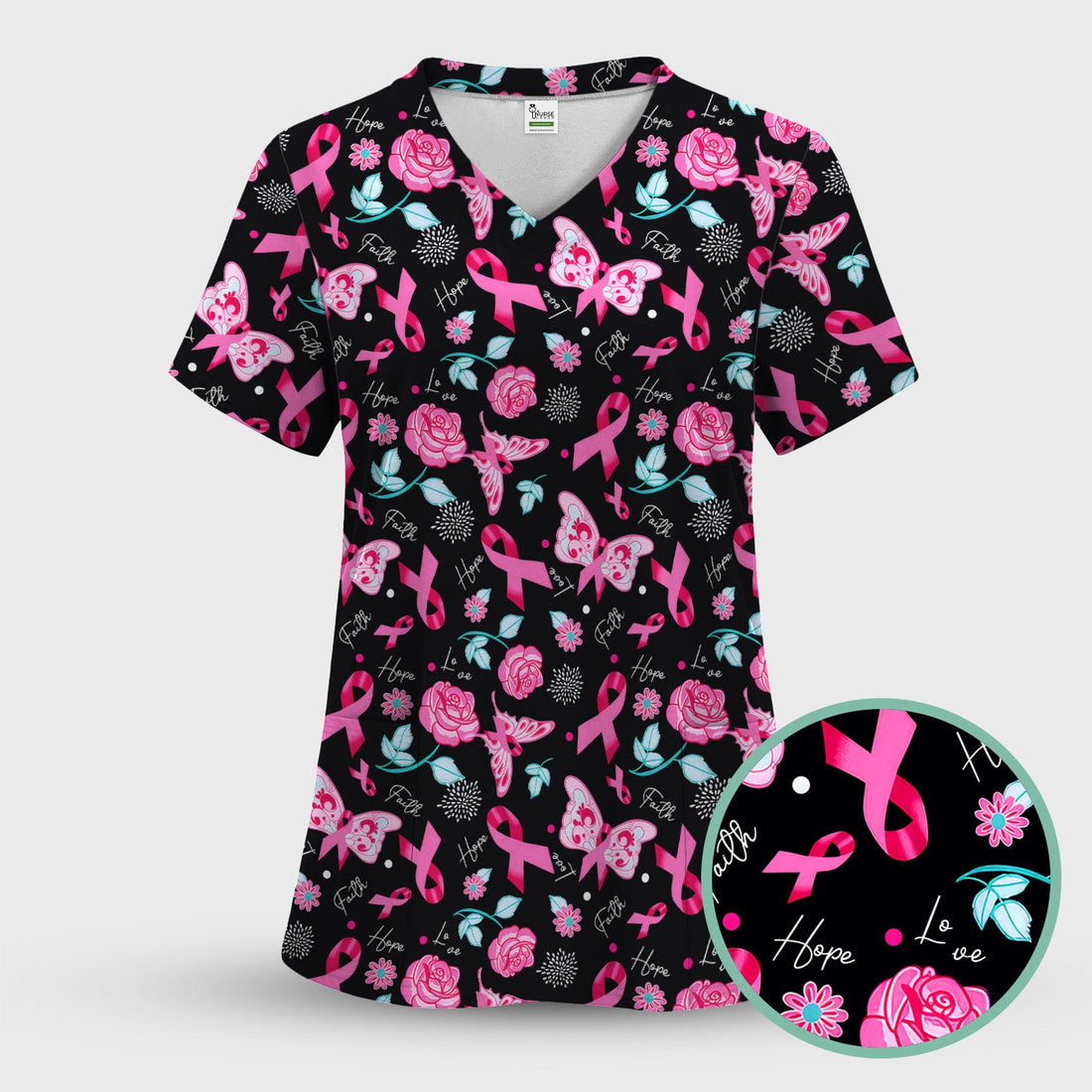 Breast Cancer Pink Ribbon Flowers Nurse Scrub Top