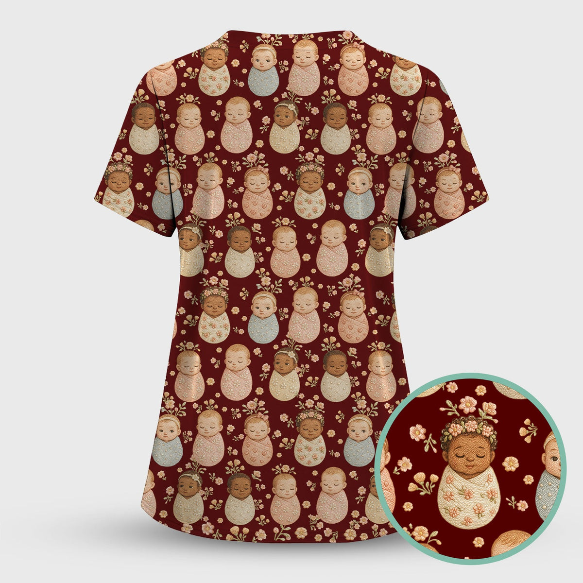 Sweet Newborn Baby Floral Print Women's Scrub Set, Breathable Med Uniform