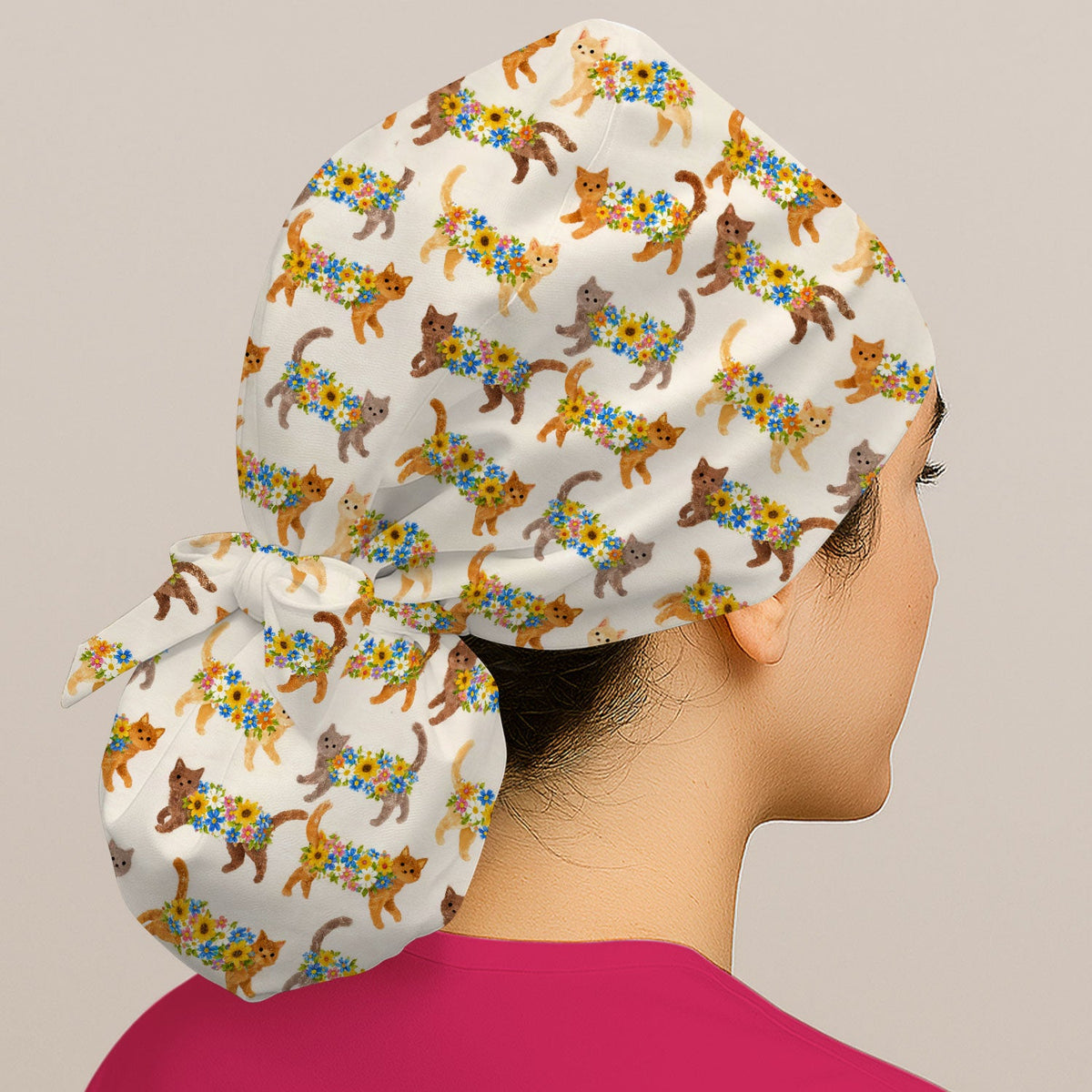 Flower Filled Cat Scrub Cap