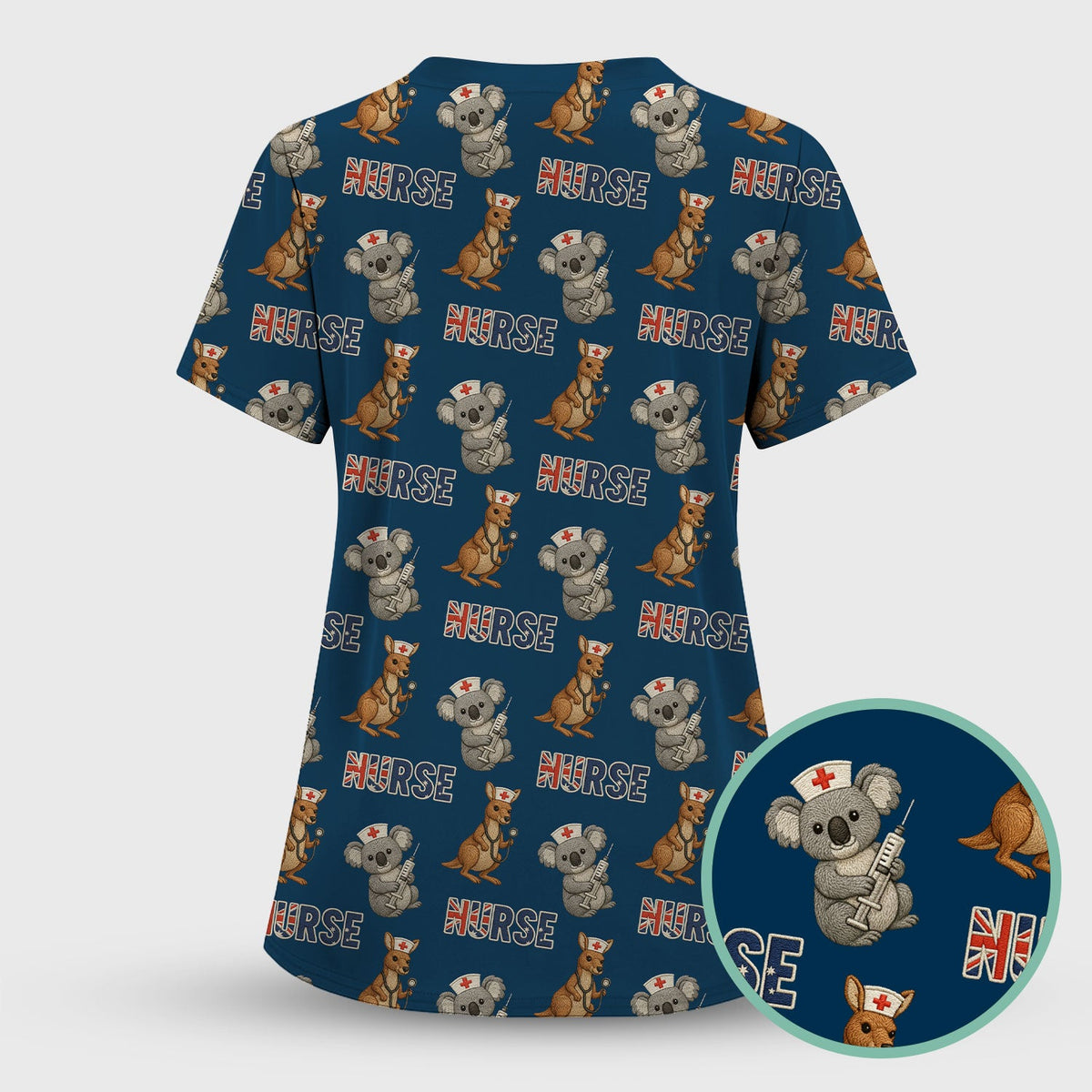 Cute Koala Kangaroo Scrub Top, Australian Nurse Pattern Shirt,  Breathable Fabrics Nursing Uniform
