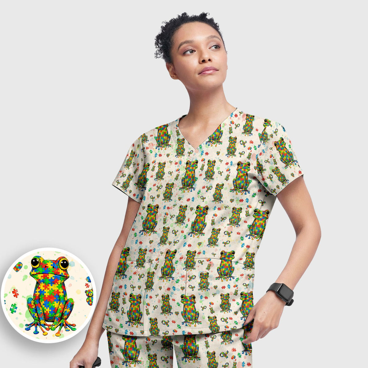 Colorful Autism Puzzle Frog Nurse Scrub Set