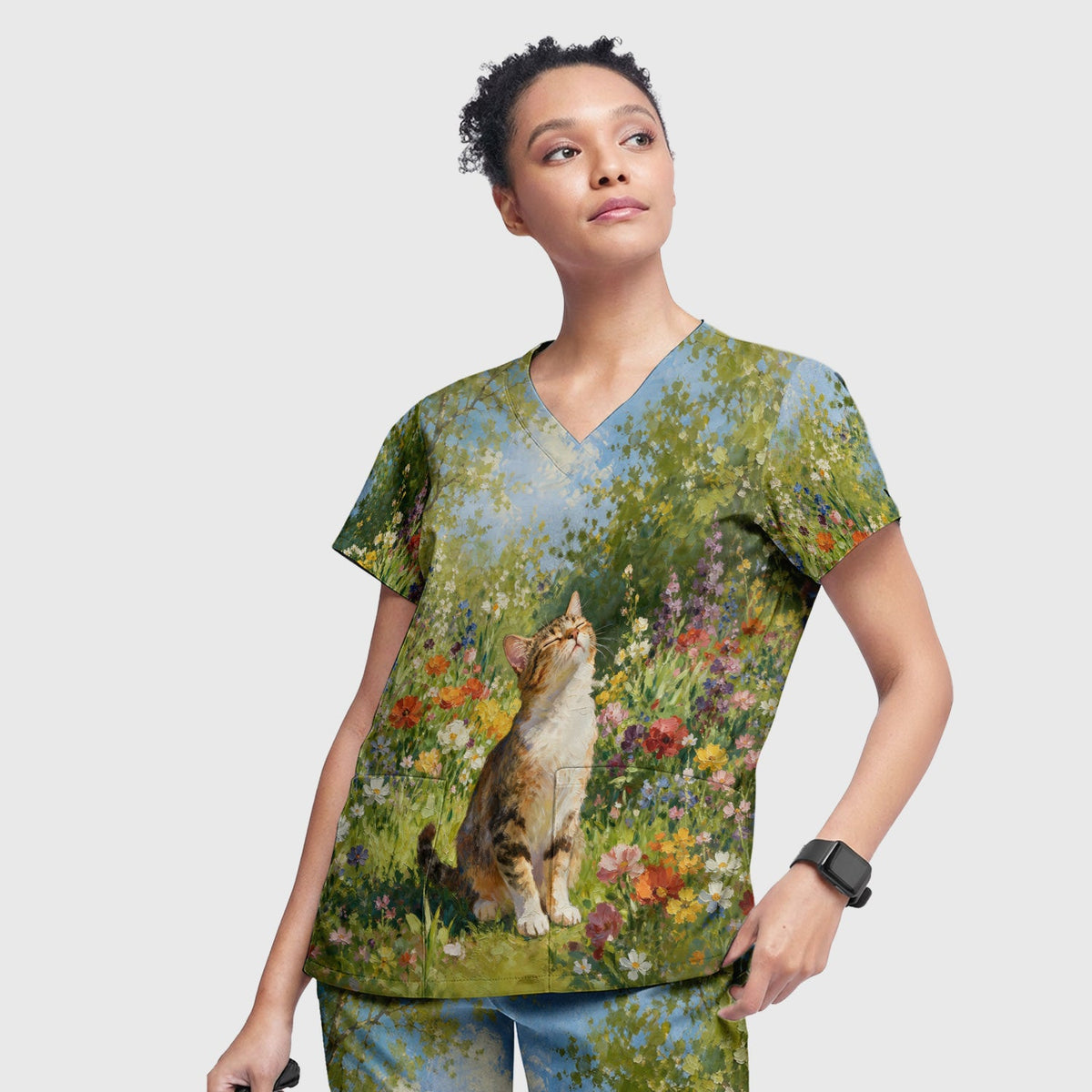 Whimsical Garden Cat Blossom Nurse Scrub Set