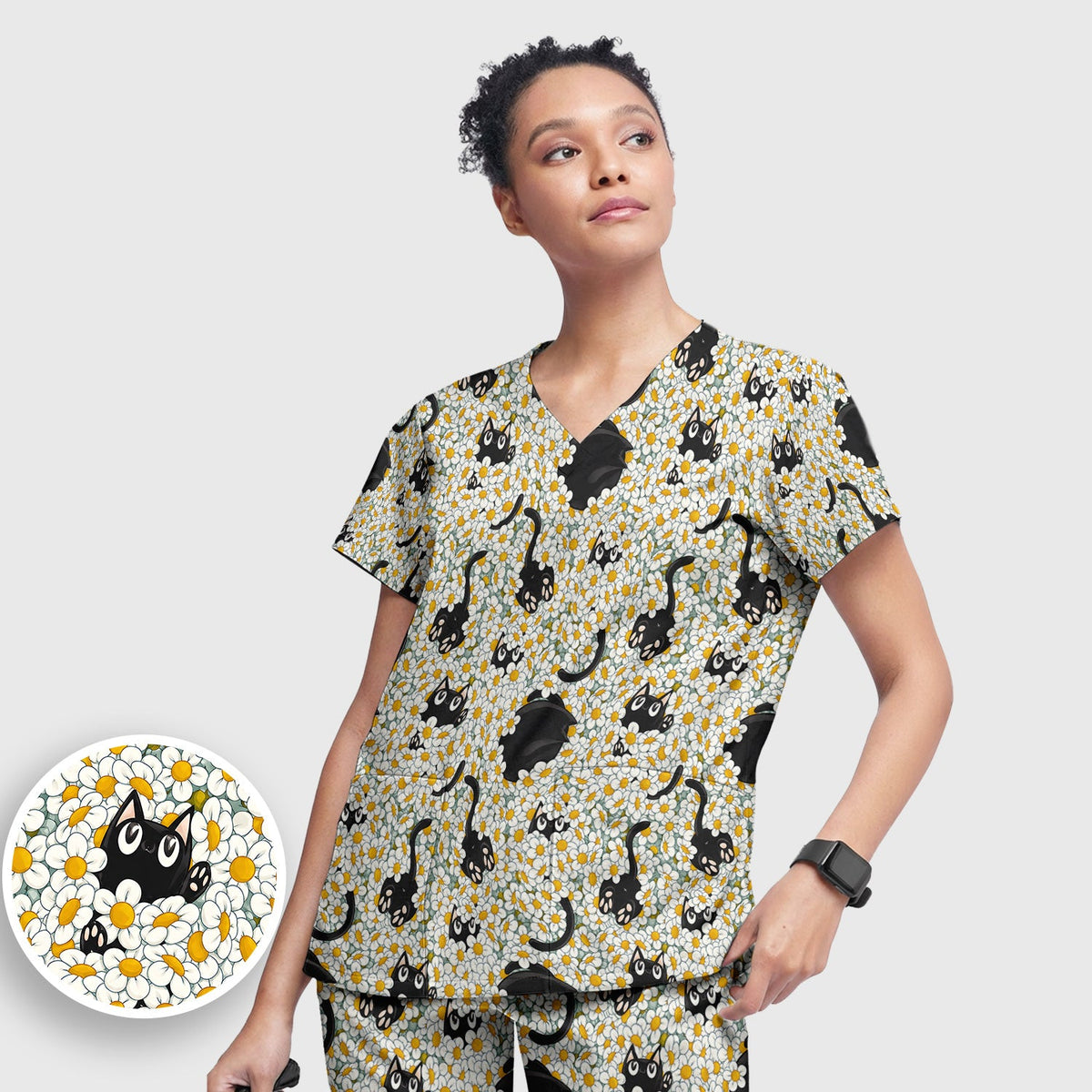 Daisy Black Cat Nurse Scrub Set