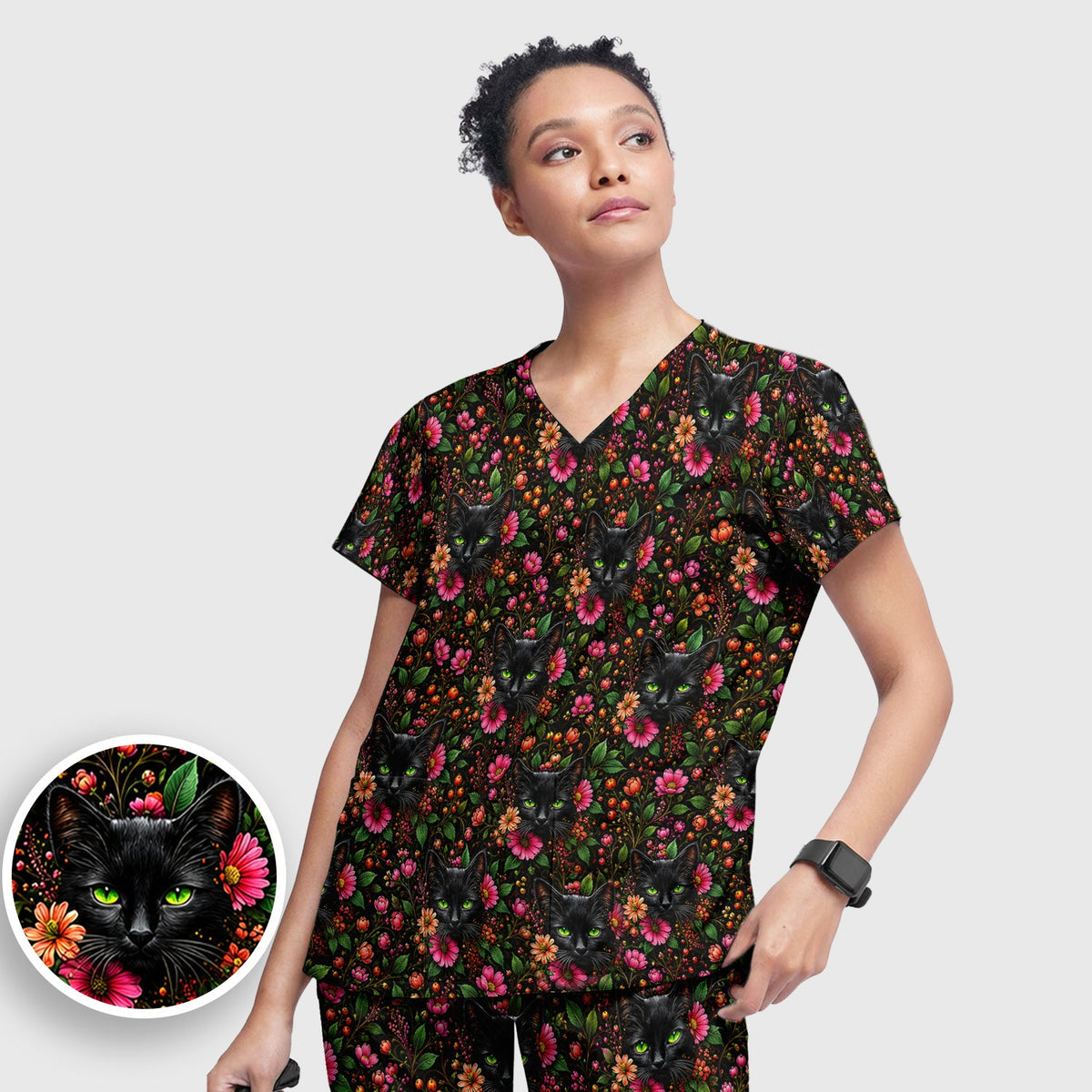 Adorable Black Cat Blossom Nurse Scrub Set