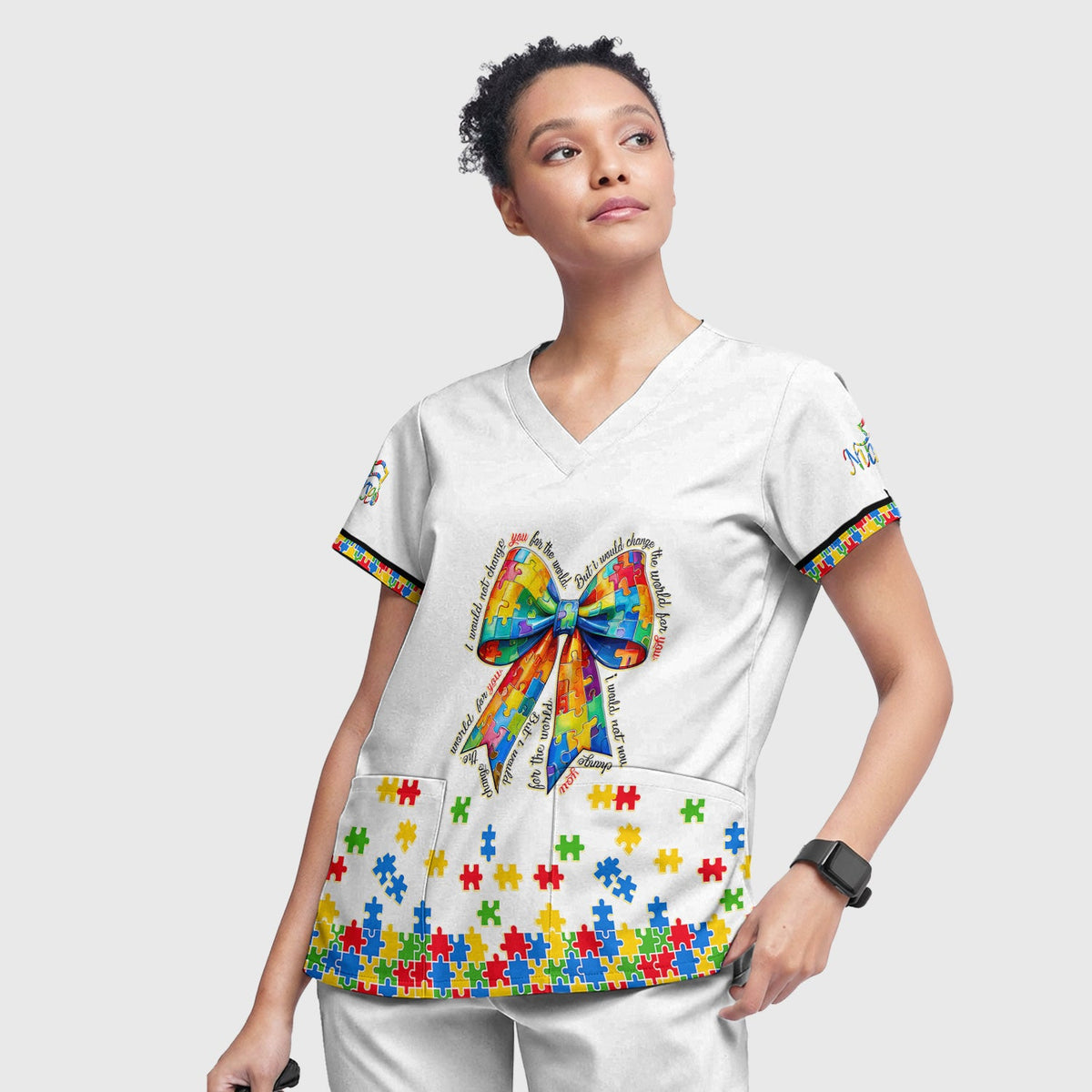 Autism Puzzle Bow Colorful Pieces Nurse Scrub Set