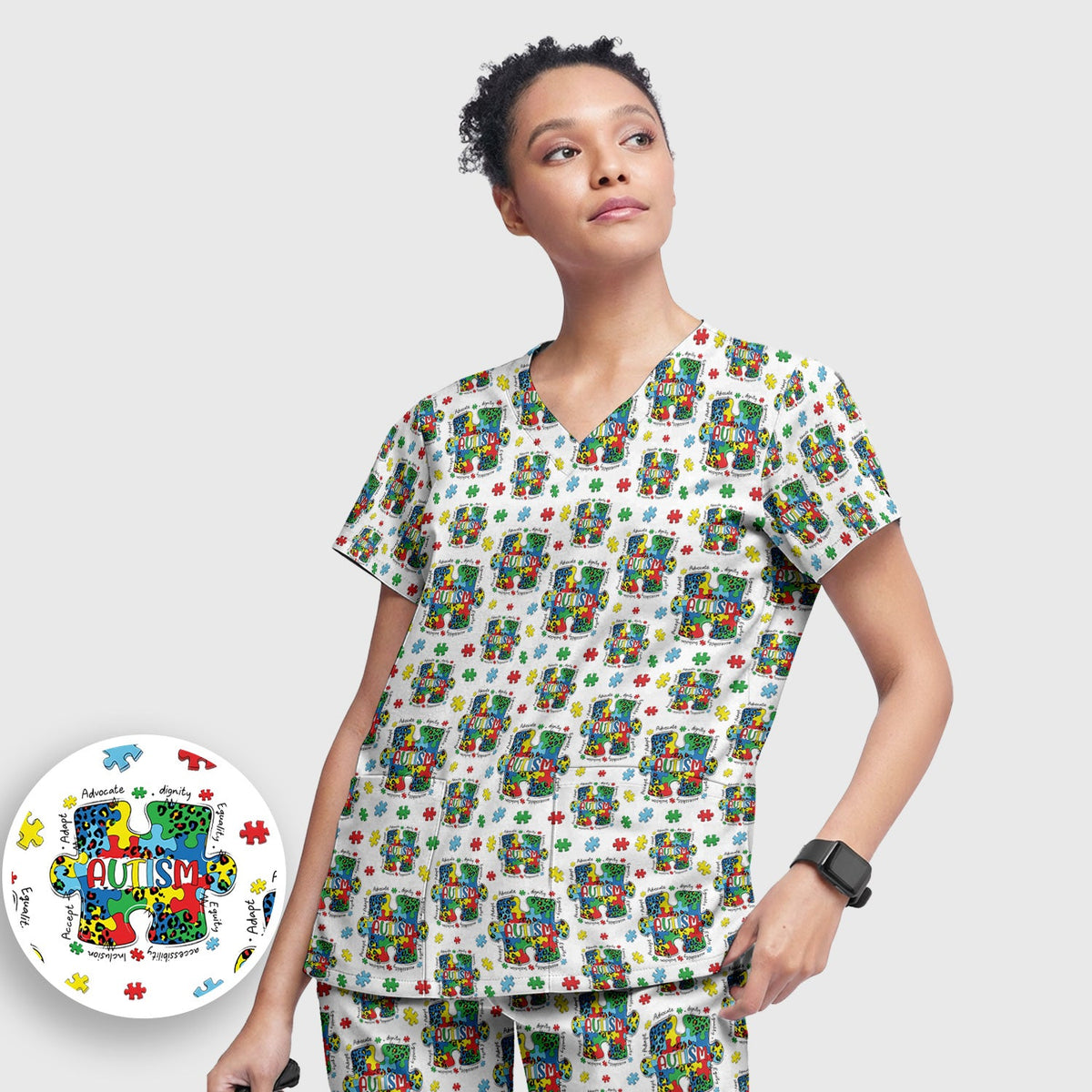 Autism Awareness Puzzle Black White Nurse Scrub Set