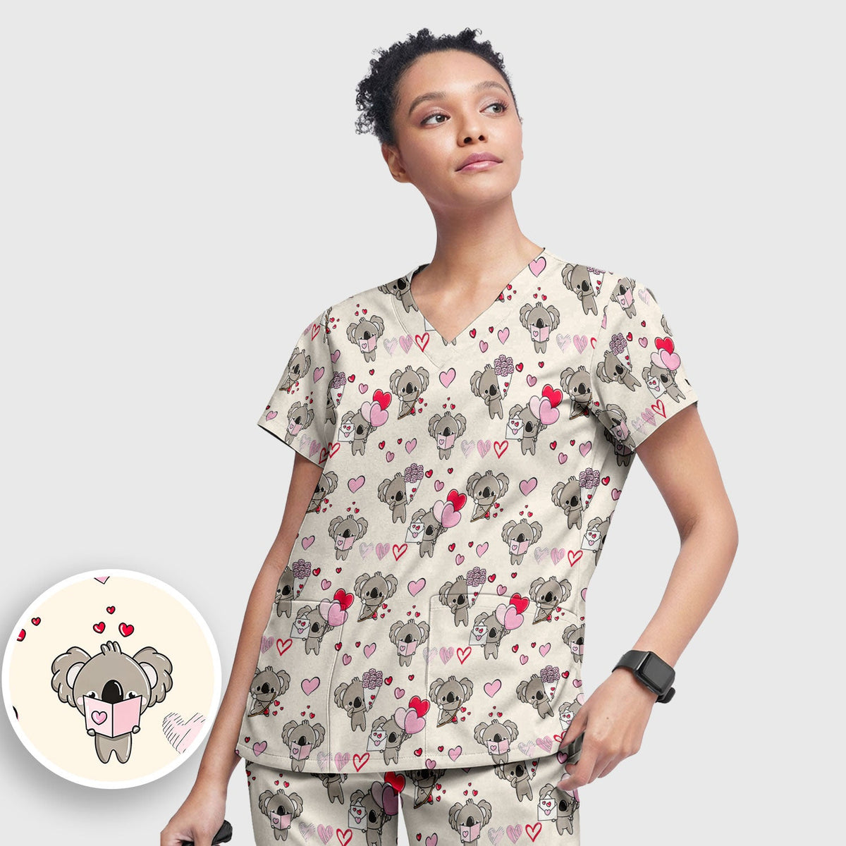 Valentine Koala Holding Flowers Nurse Scrub Set