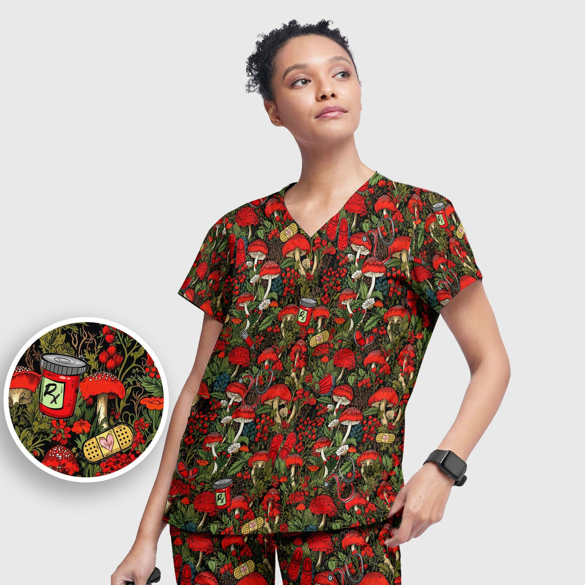 Red Mushroom Forest Nurse Scrub Set