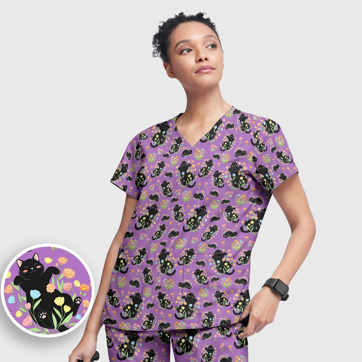Cats Cute Poses Floral Nurse Scrub Set