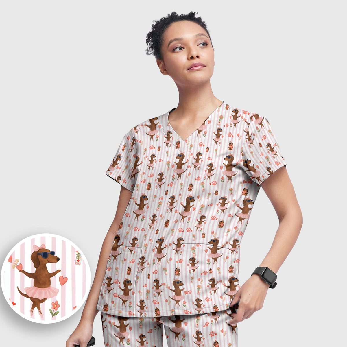 Dachshund Ballet Tutu Hearts Nurse Scrub Set