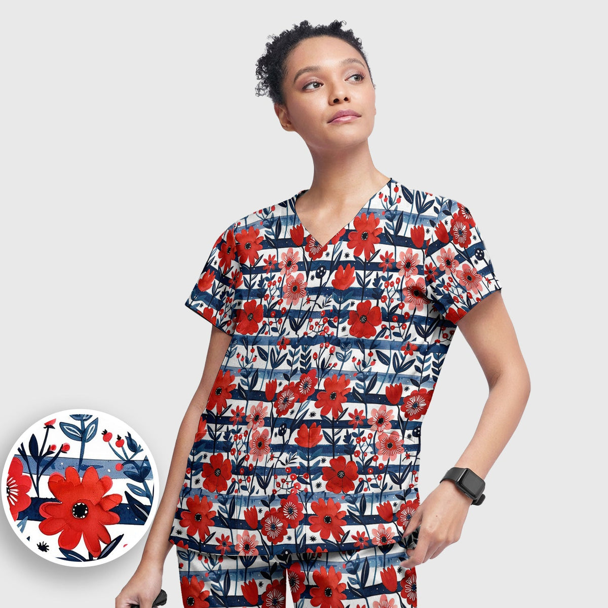 Red Poppy Navy Stripe Nurse Scrub Set