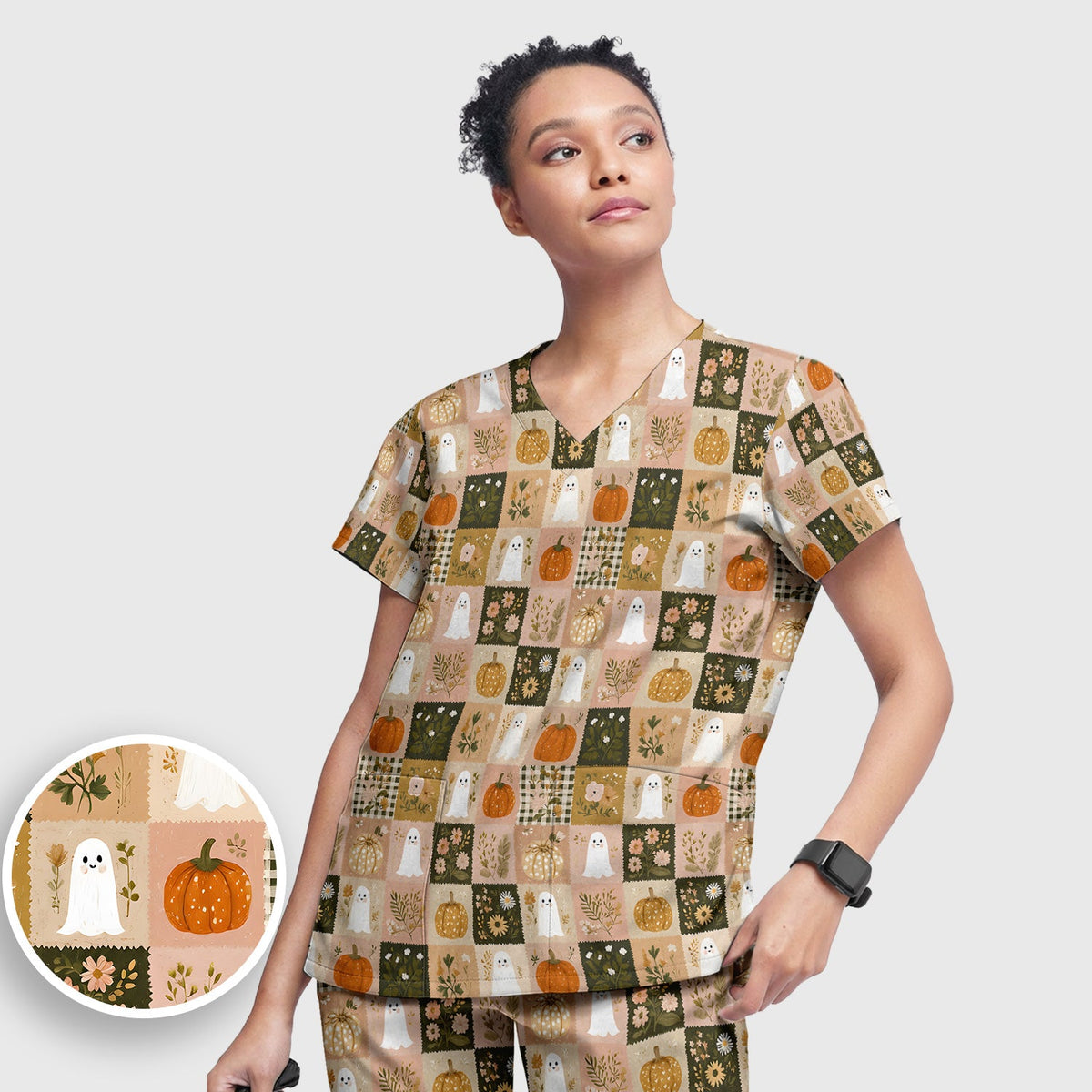 Halloween Ghost Pumpkin Patchwork Nurse Scrub Set