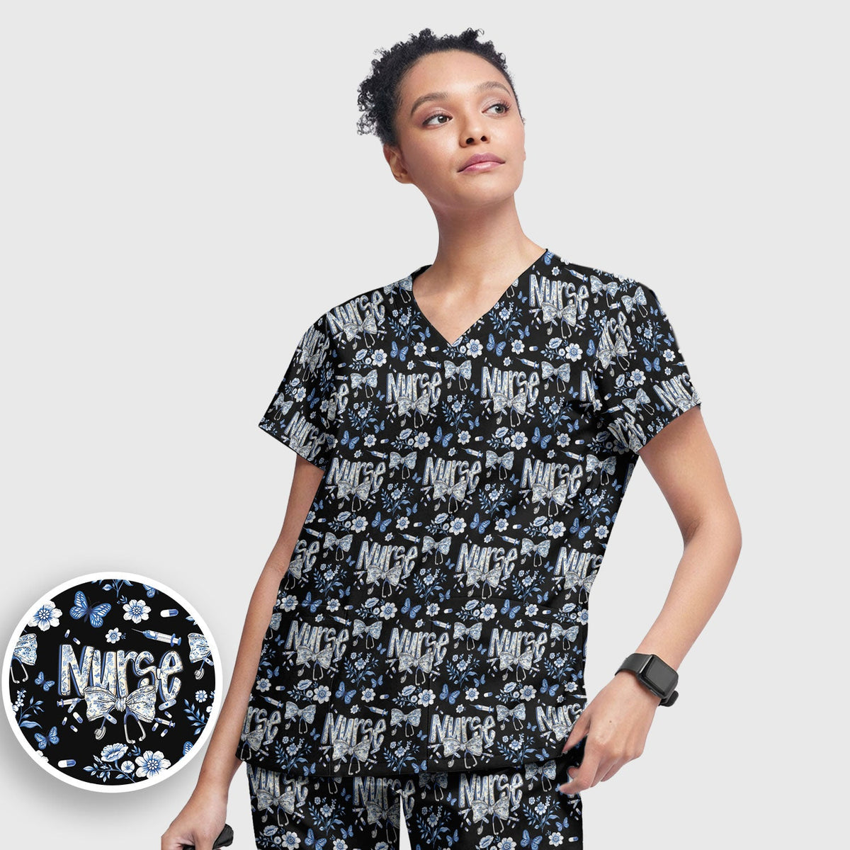 Blue Nurse Bow Butterfly Floral Scrub Set