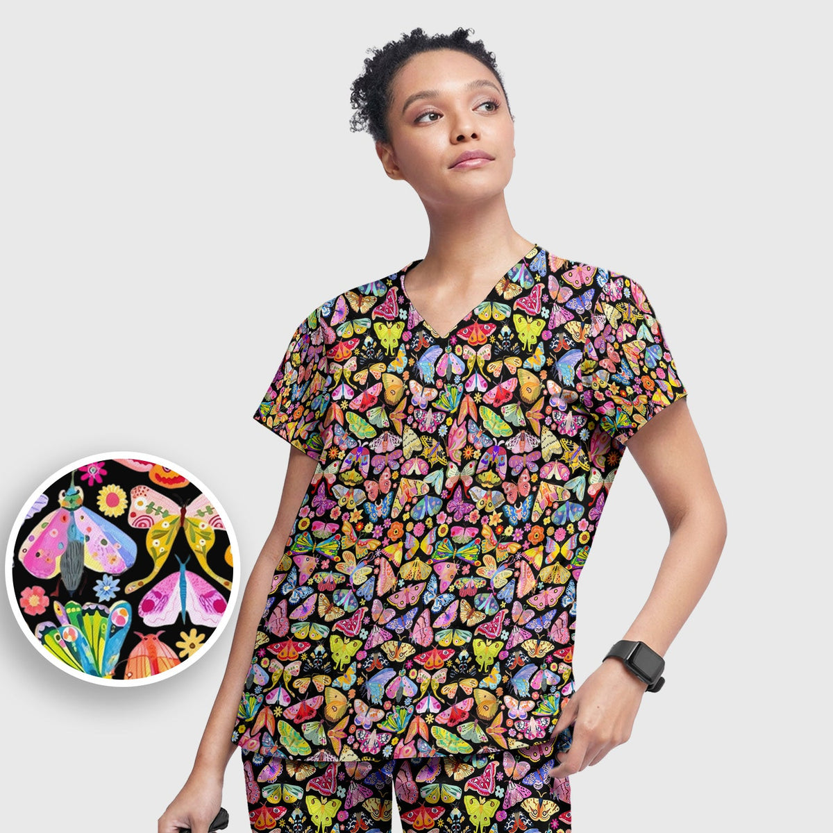 Cute Bright Butterfly Moth Floral Nurse Scrub Set