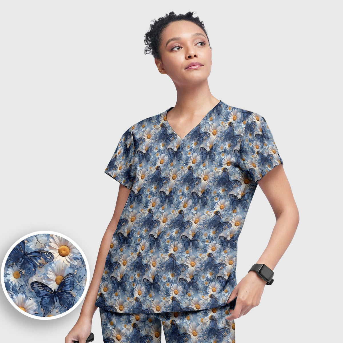 Blue Daisy Butterfly Nurse Scrub Set