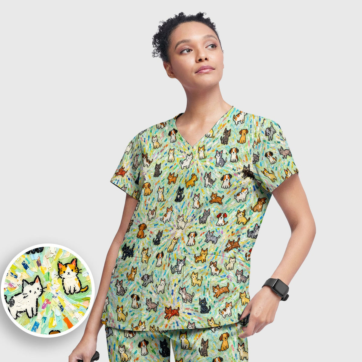 Colorful Cats Dogs Doodle Nurse Scrub Set