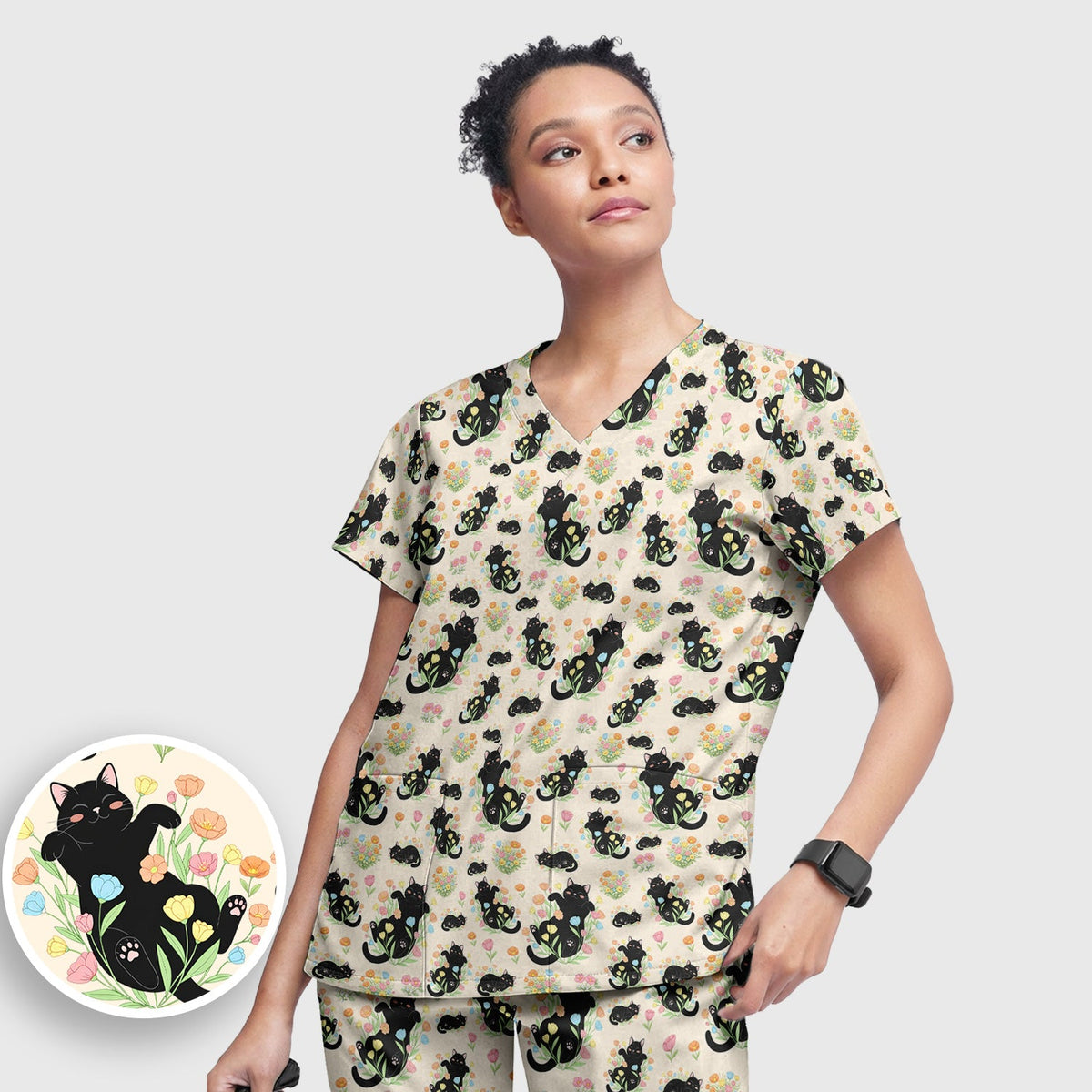 Cats Cute Poses Floral Nurse Scrub Set