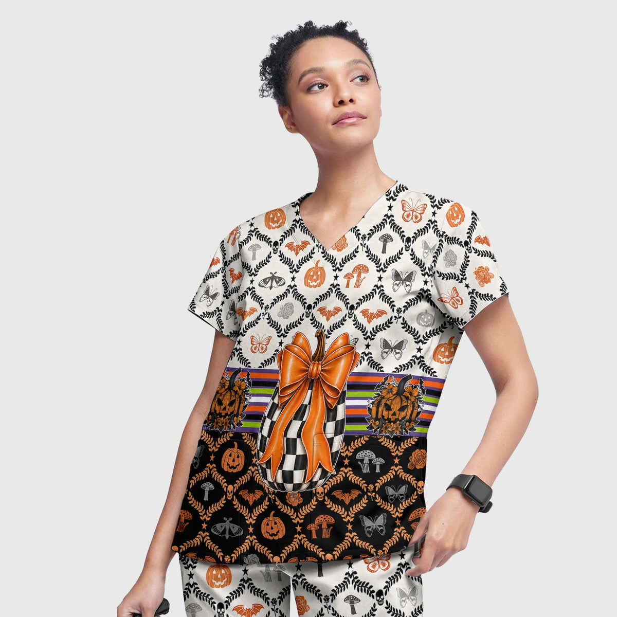 Checkered Pumpkin Bow Nurse Scrub Set - Halloween Gift