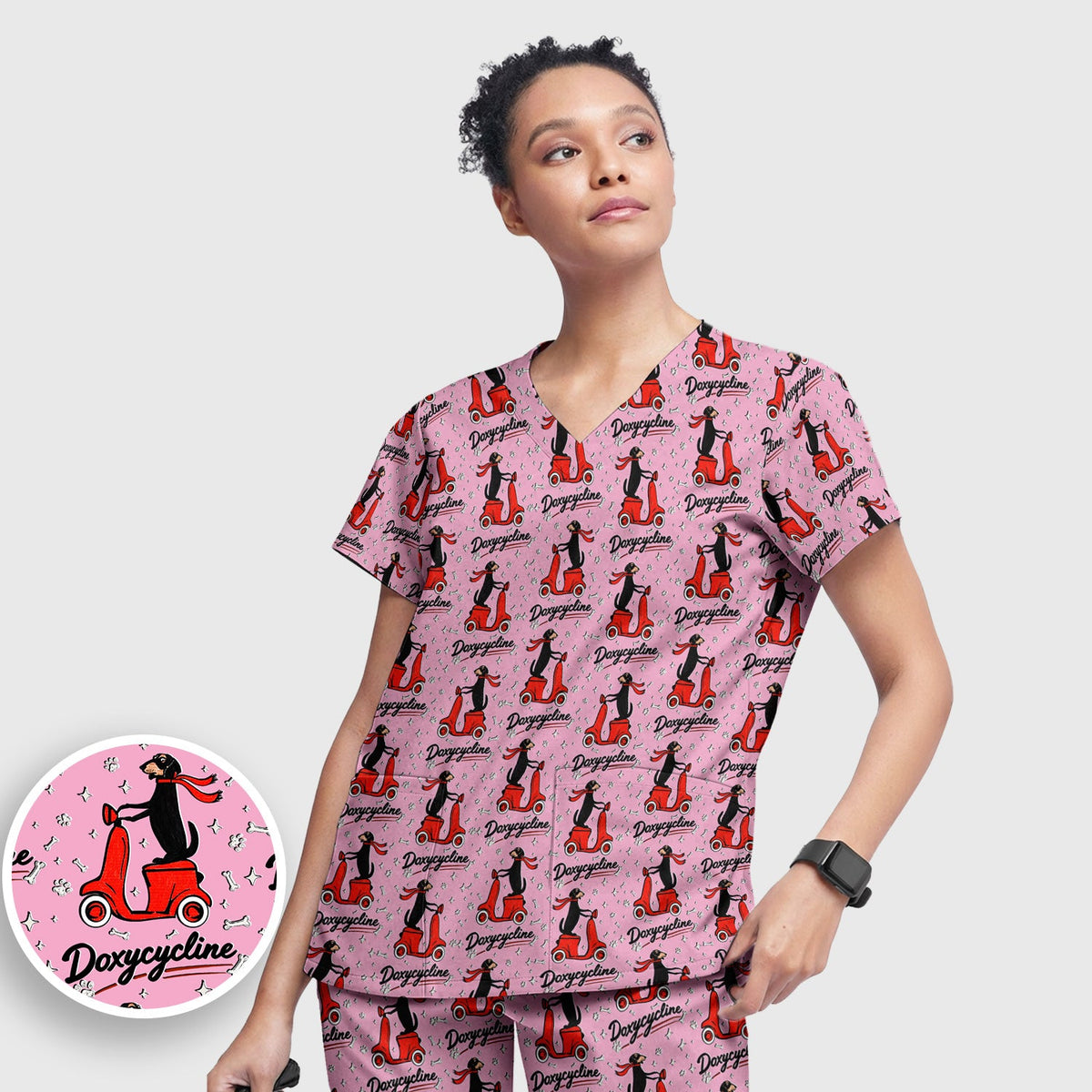 Dachshund Riding Scooter Nurse Scrub Set