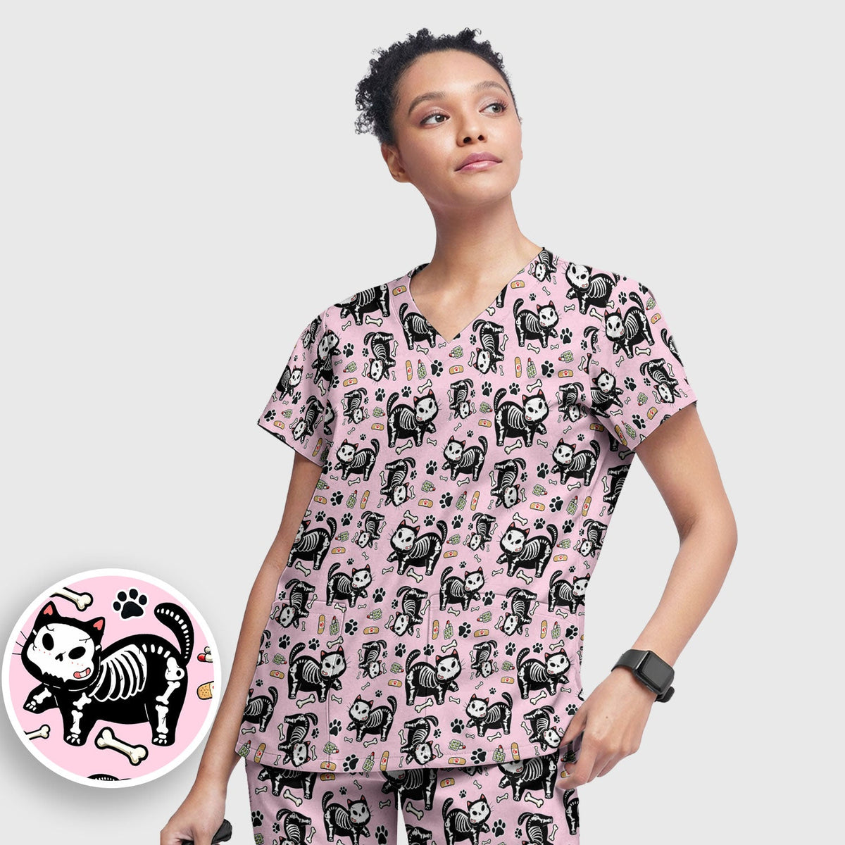 Skeleton Cat Medical Pattern Scrub Set, Scrub Pants and V Neck Top
