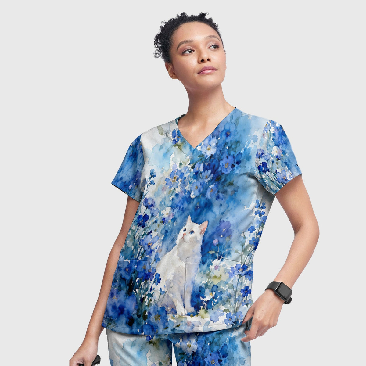 Adorable Blue Floral White Cat Nurse Scrub Set