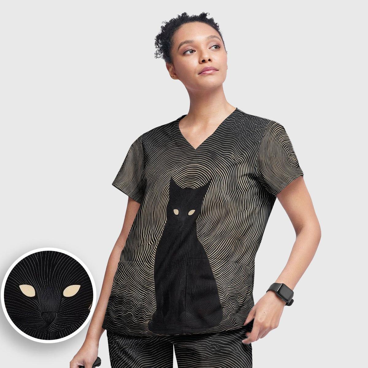 Black Cat Line Art Nurse Scrub Set