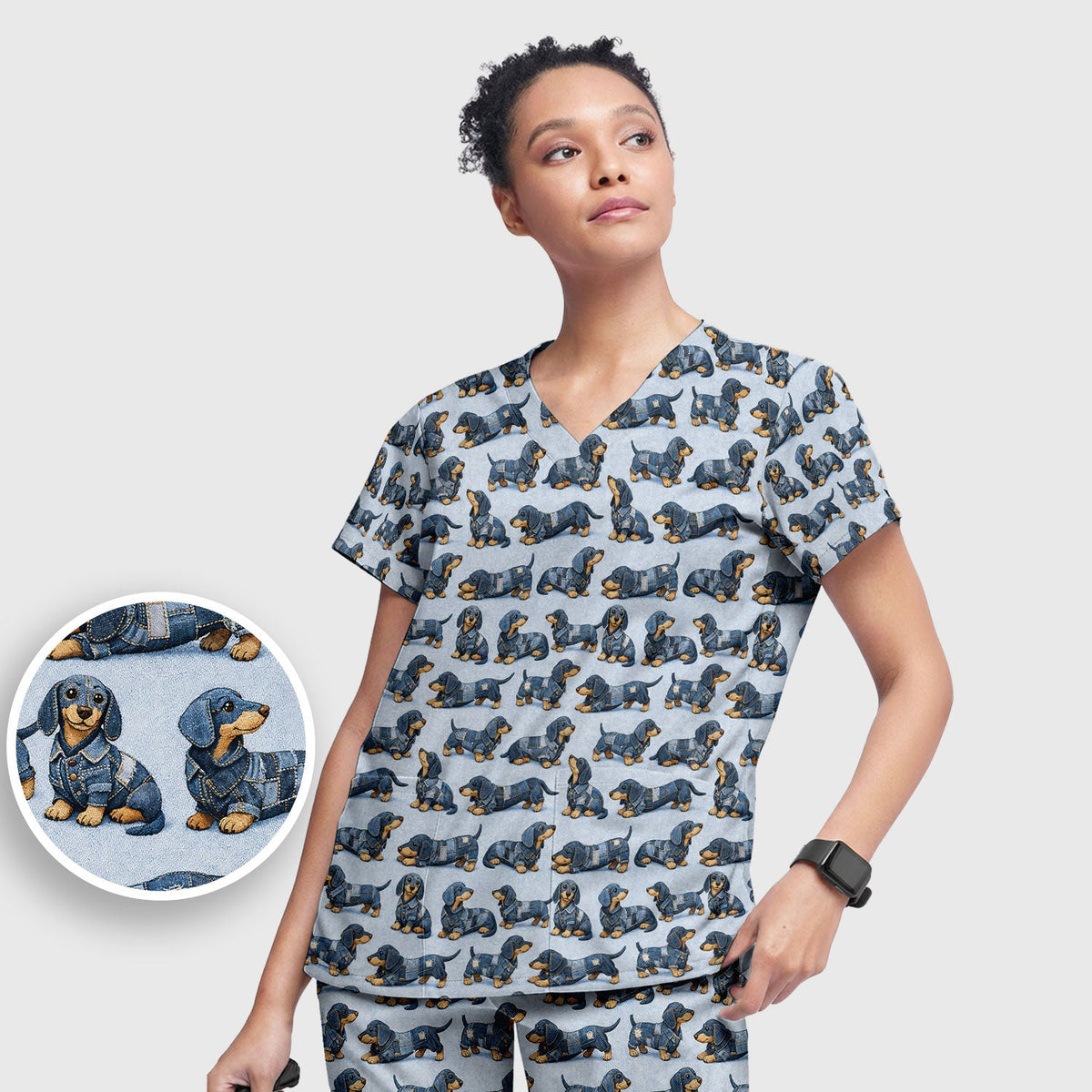 Denim Dachshund Nurse Scrub Set
