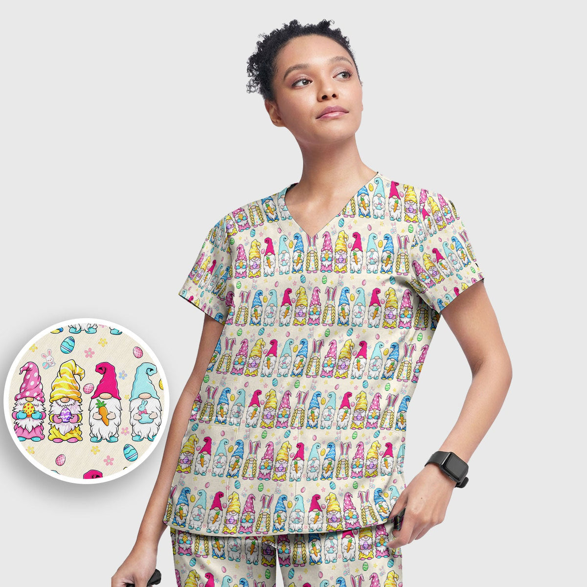 Colorful Easter Gnome Bunny Eggs Nurse Scrub Set