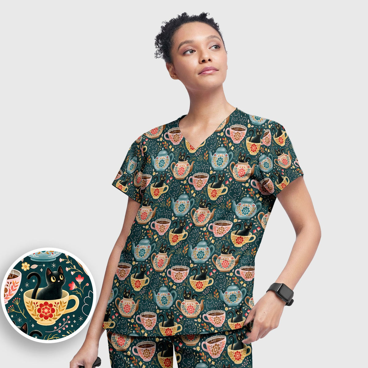 Black Cat Tea Party Veterinary Nurse Scrub Set