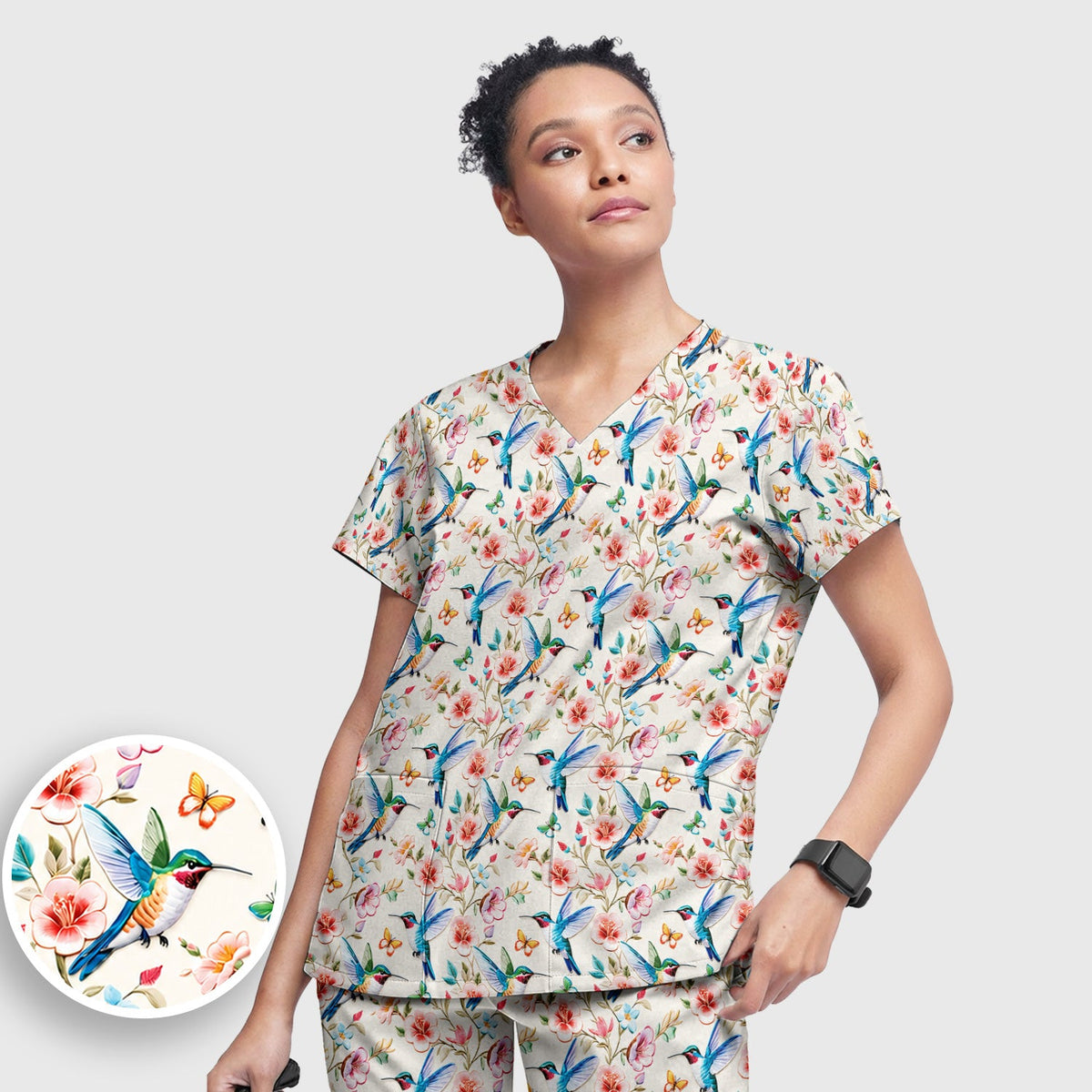 Hummingbird Blossom Butterfly Nurse Scrub Set