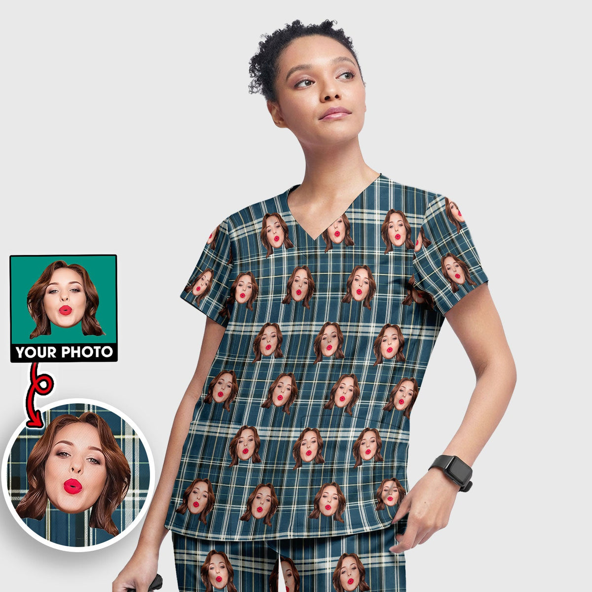 Personalized Photo Plaid Nurse Scrub Set
