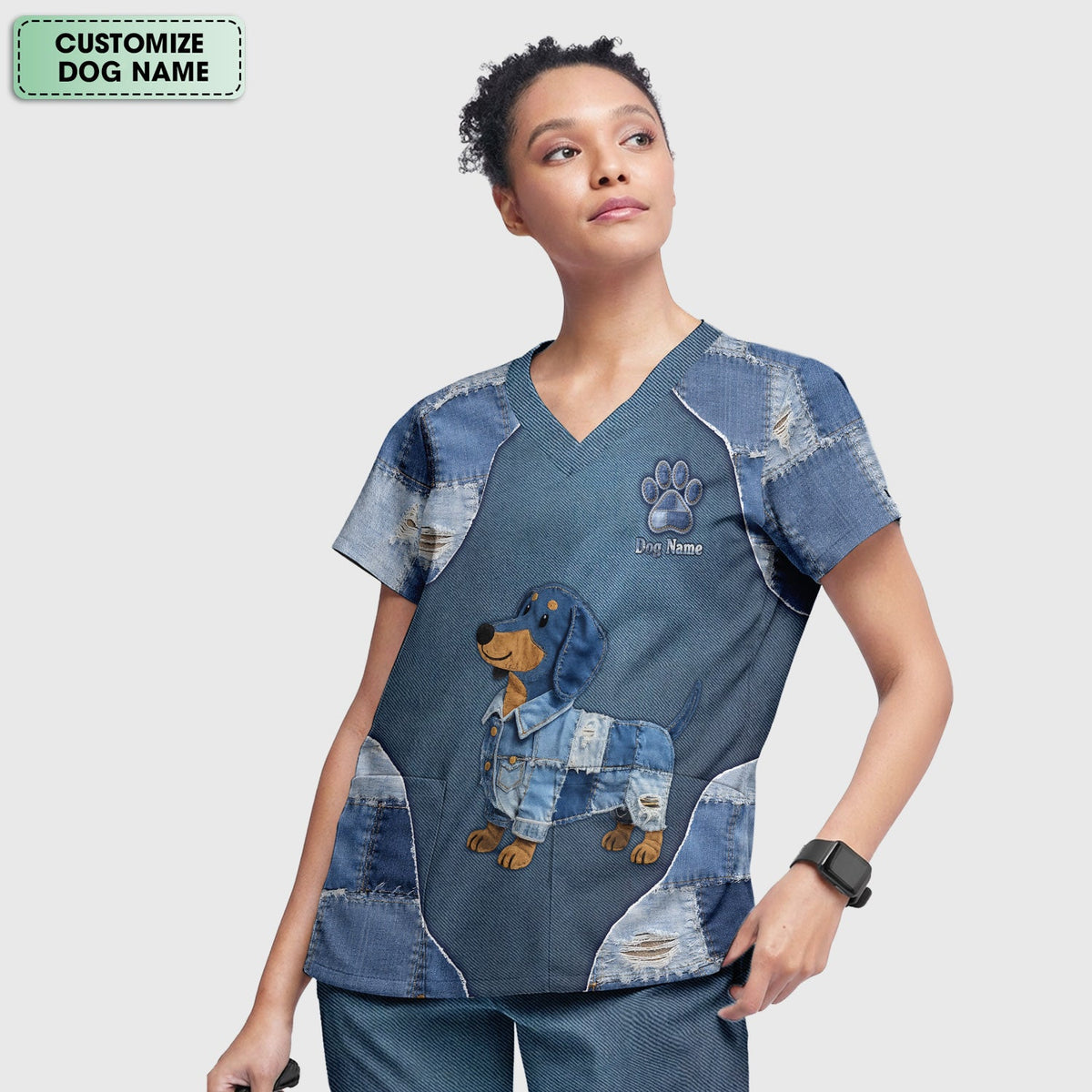 Personalized Denim Dachshund Nurse Scrub Set