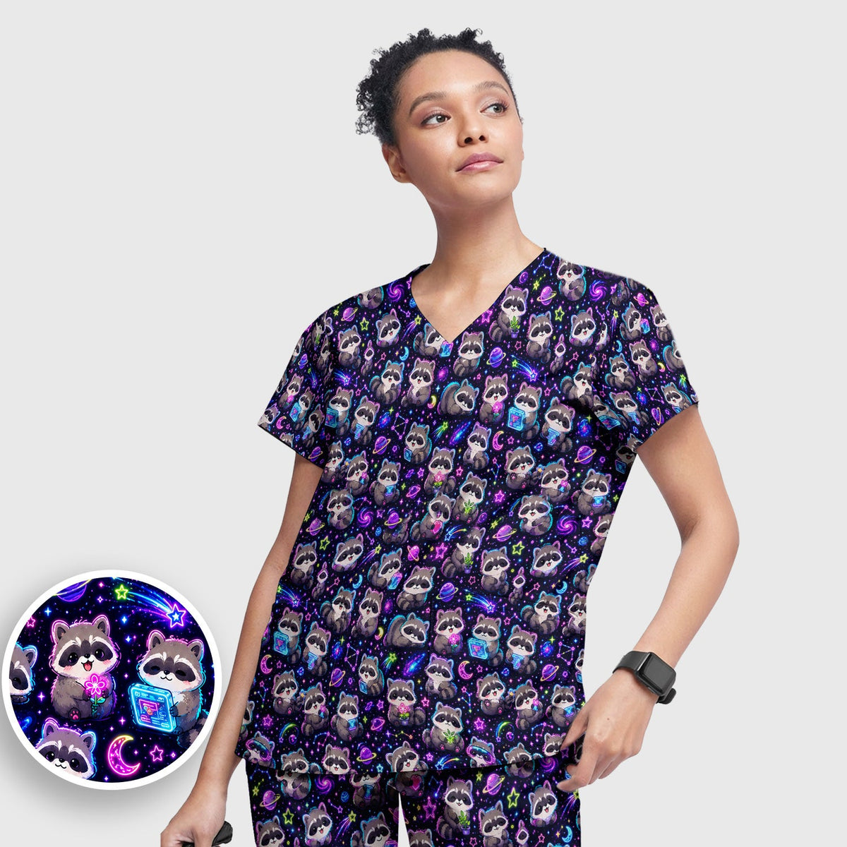 Neon Galaxy Raccoon Space Nurse Scrub Set