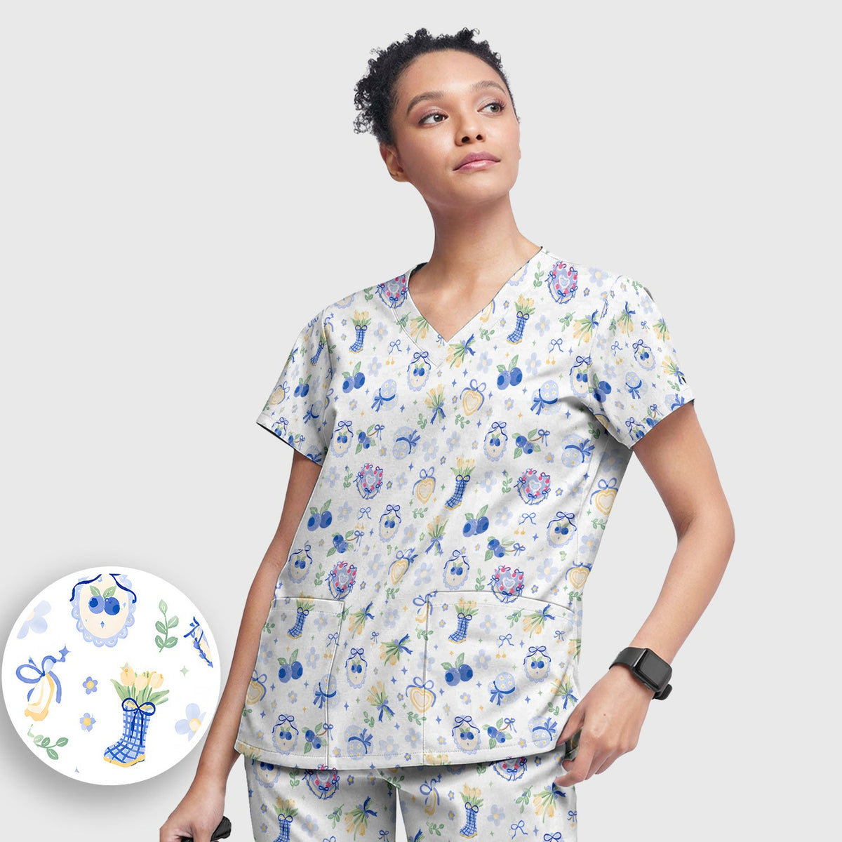 Cute Blueberry Bow Nurse Scrub Set