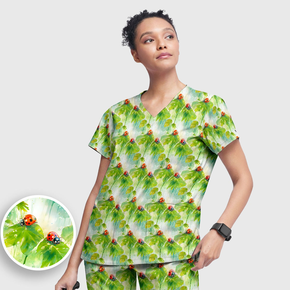 Ladybugs On Rainy Leaves Nurse Scrub Set