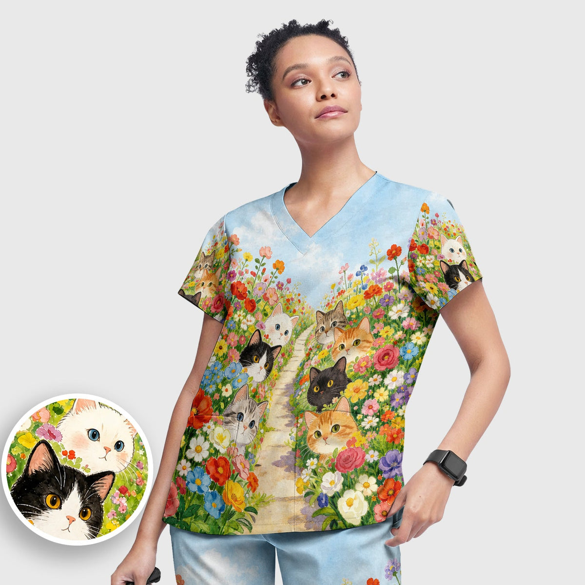 Garden Cats Flower Path Nurse Scrub Set