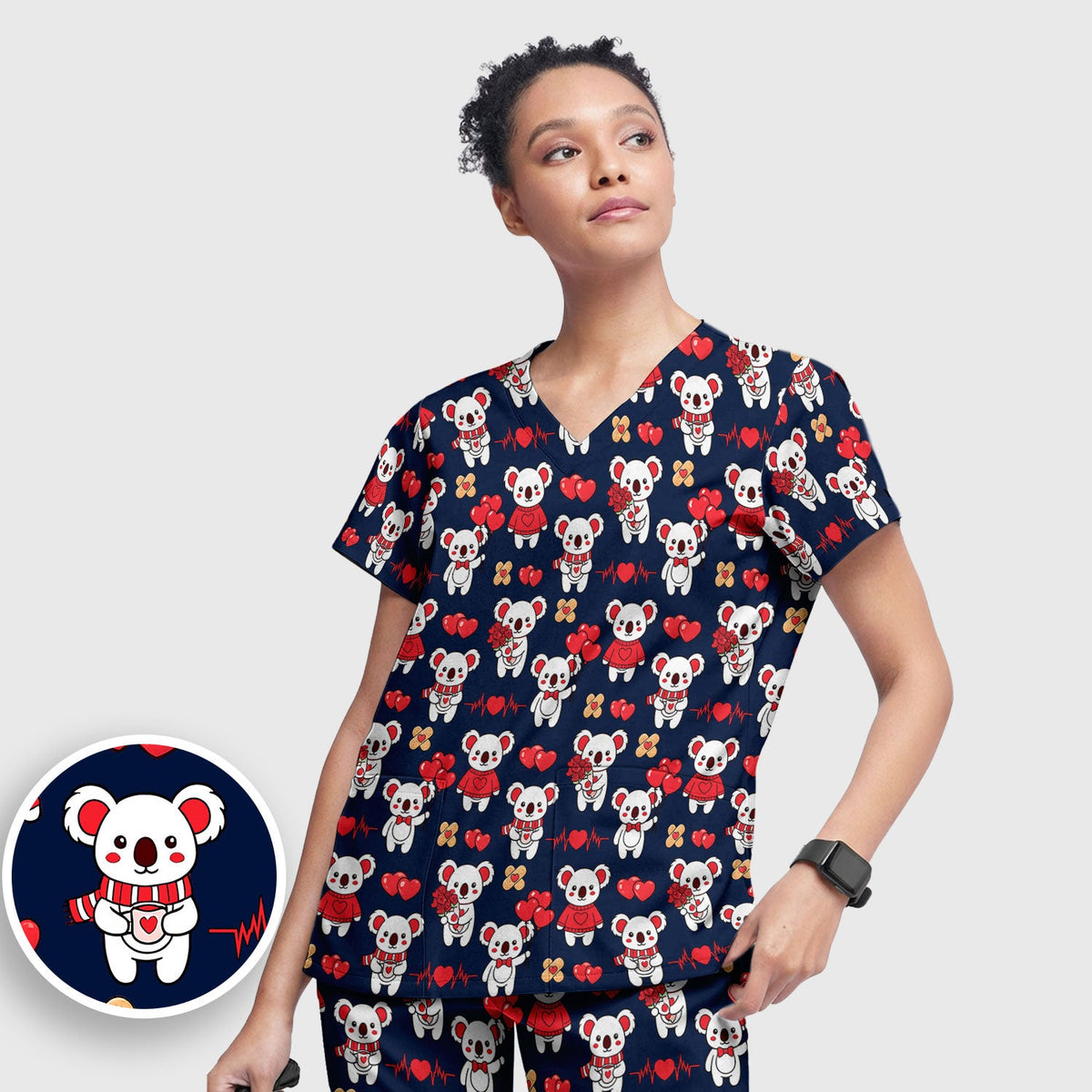 Sweet Koala Valentine Medical Design Scrub Set, Breathable Med Uniform