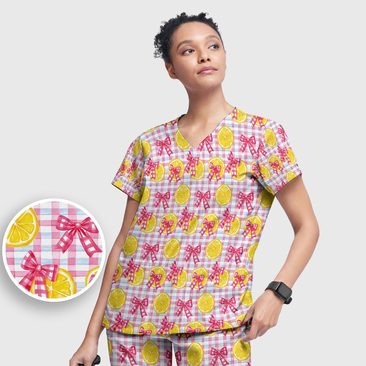 Lemon Slice Pink Bow Gingham Nurse Scrub Set
