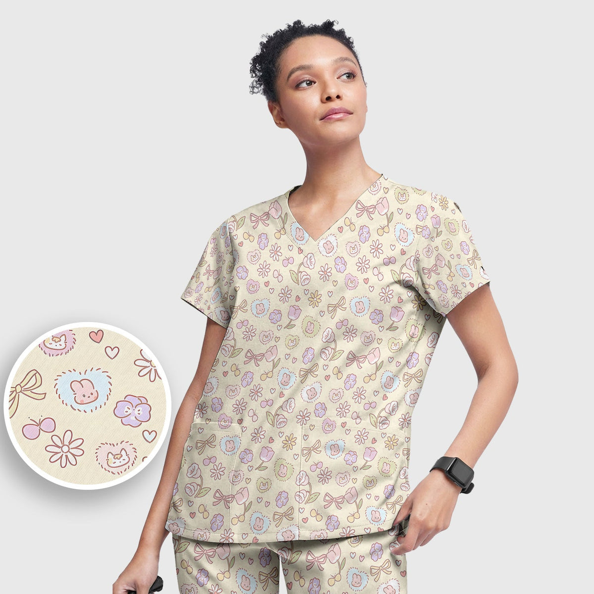 Pastel Bunny Flower Heart Nurse Scrub Set