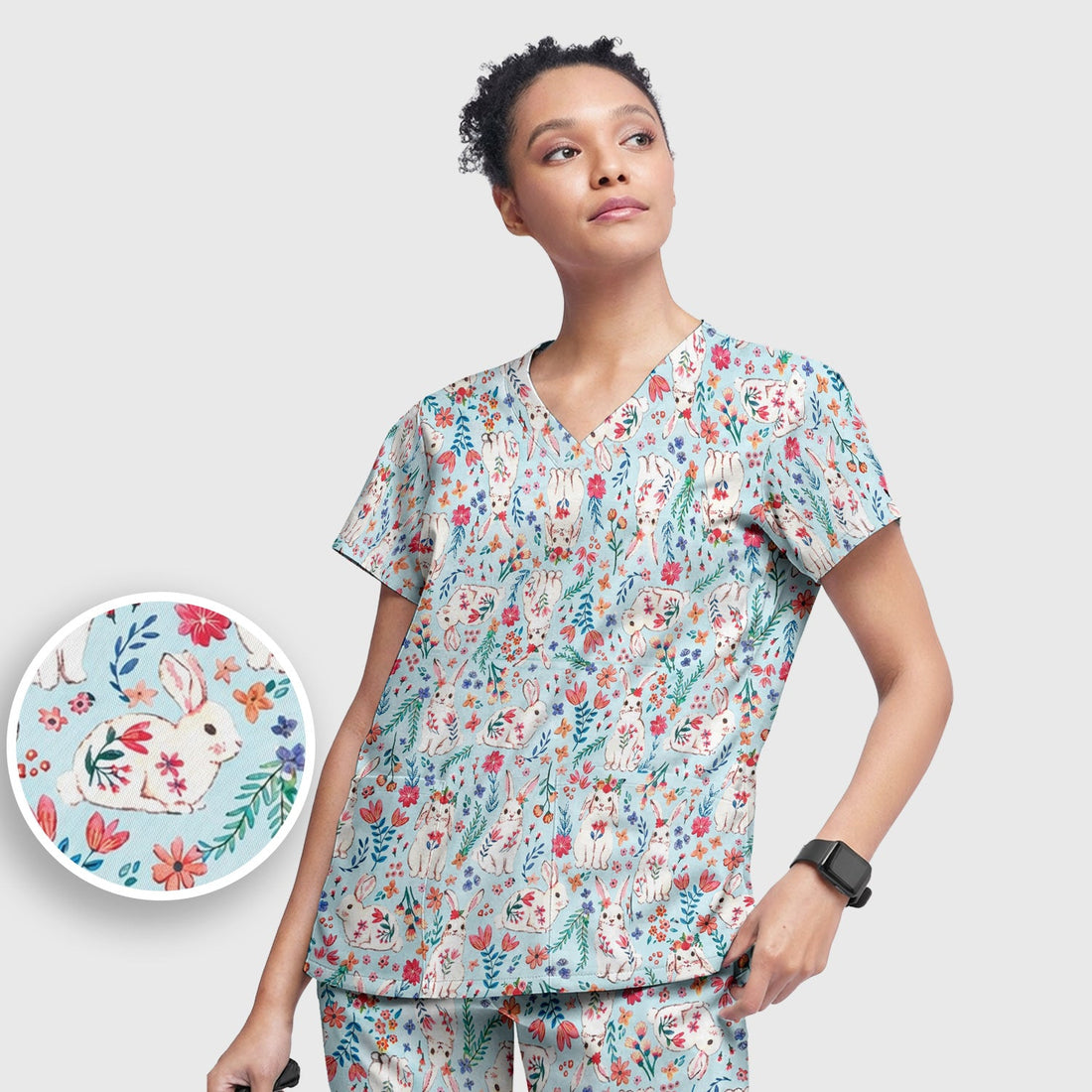 Springtime Bunny Floral Nurse Scrub Set