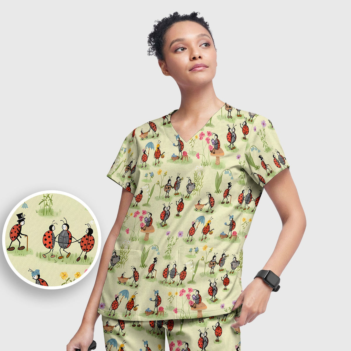 Whimsical Ladybug Garden Activity Nurse Scrub Set